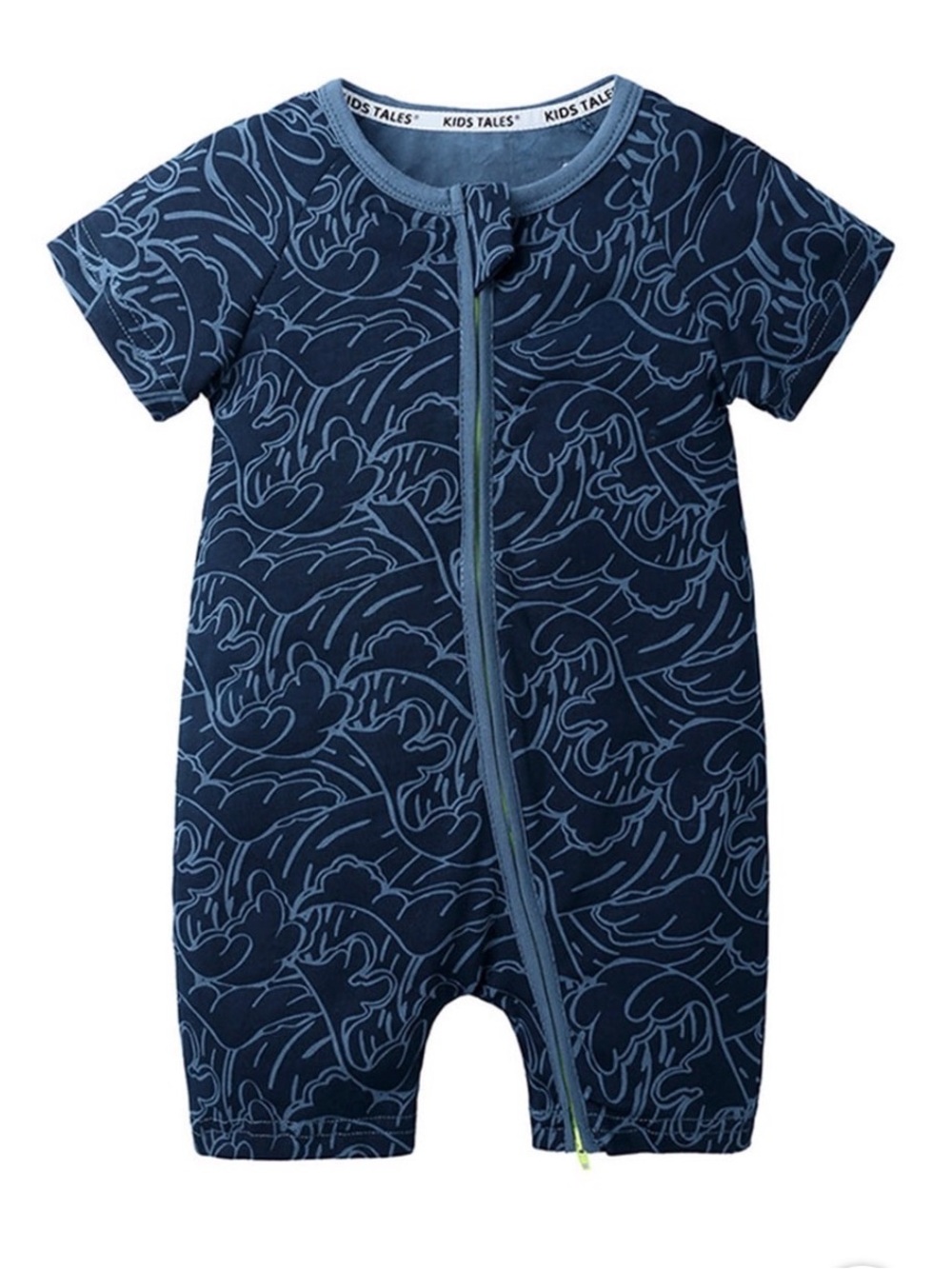 Kids Tales Navy Wave-Print Short Sleeve Zipper One-Piece